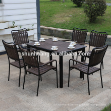 Comfortable outdoor backyard  plastic wood furniture black aluminum frame brown wood dining set